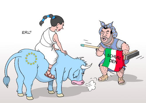 Cartoon: Italienischer Stierkampf (medium) by Erl tagged politik,eu,europäische,union,finanzen,geld,stabilität,kriterien,stabilitätskriterien,verletzung,italien,haushalt,schulden,wahlversprechen,regierung,koalition,movimento,stelle,lega,nord,rechtspopulismus,matteo,salvini,provokation,europa,stier,stierkampf,karikatur,erl,politik,eu,europäische,union,finanzen,geld,stabilität,kriterien,stabilitätskriterien,verletzung,italien,haushalt,schulden,wahlversprechen,regierung,koalition,movimento,stelle,lega,nord,rechtspopulismus,matteo,salvini,provokation,europa,stier,stierkampf,karikatur,erl