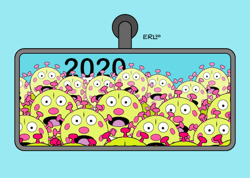 Cartoon: Jahresrückblick (medium) by Erl tagged politik,jahreswechsel,2020,2021,silvester,neujahr,jahresrückblick,corona,virus,pandemie,covid19,rückspiegel,thema,dominant,karikatur,erl,politik,jahreswechsel,2020,2021,silvester,neujahr,jahresrückblick,corona,virus,pandemie,covid19,rückspiegel,thema,dominant,karikatur,erl