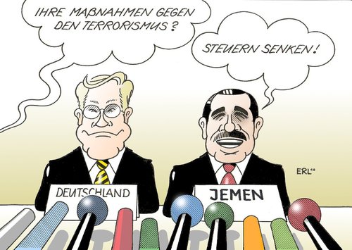 Cartoon: Jemen (medium) by Erl tagged westerwelle,jemen,terrorismus,steuersenkung,guido westerwelle,jemen,steuersenkung,terrorismus,terror,steuern,finanzen,guido,westerwelle