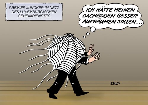 Cartoon: Juncker (medium) by Erl tagged luxemburg,premierminister,jean,claude,juncker,kontrolle,geheimdienst,versagen,vergehen,verstoß,abhören,vertuschen,netz,spinne,dachboden,aufräumen,luxemburg,premierminister,jean,claude,juncker,kontrolle,geheimdienst,versagen,vergehen,verstoß,abhören,vertuschen,netz,spinne,dachboden,aufräumen