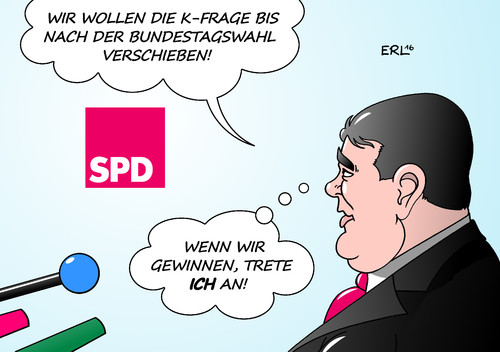 Cartoon: K-Frage (medium) by Erl tagged spd,gabriel,frage,kanzlerkandidatur,verschieben,umfragetief,umfragewerte,wahl,bundestagswahl,karikatur,erl,spd,gabriel,frage,kanzlerkandidatur,verschieben,umfragetief,umfragewerte,wahl,bundestagswahl,karikatur,erl