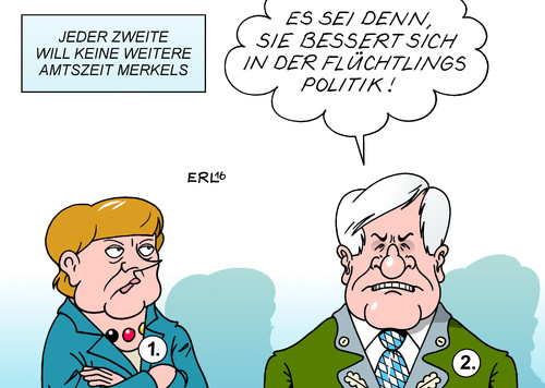 Cartoon: K-Frage (medium) by Erl tagged bundeskanzlerin,angela,merkel,cdu,umfrage,vierte,amtszeit,kanzlerkandidatur,kanzlerkandidatin,50,prozent,jeder,zweite,hälfte,dagegen,ministerpräsident,bayern,horst,seehofer,csu,zustimmung,bedingung,änderung,flüchtlingspolitik,flüchtlinge,obergrenze,rechtspopulismus,karikatur,erl,bundeskanzlerin,angela,merkel,cdu,umfrage,vierte,amtszeit,kanzlerkandidatur,kanzlerkandidatin,50,prozent,jeder,zweite,hälfte,dagegen,ministerpräsident,bayern,horst,seehofer,csu,zustimmung,bedingung,änderung,flüchtlingspolitik,flüchtlinge,obergrenze,rechtspopulismus,karikatur,erl