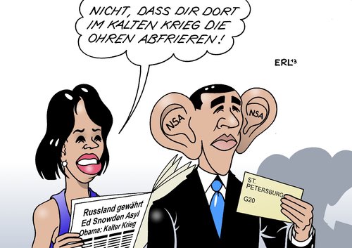 Cartoon: Kalter Krieg (medium) by Erl tagged usa,snowden,geheimdienst,nsa,überwachung,abhören,ausspähaffäre,whistleblower,asyl,russland,räsident,putin,obama,kalter,krieg,ohren,frieren,michelle,g20,sankt,petersburg,usa,snowden,geheimdienst,nsa,überwachung,abhören,ausspähaffäre,whistleblower,asyl,russland,räsident,putin,obama,kalter,krieg,ohren,frieren,michelle,g20,sankt,petersburg