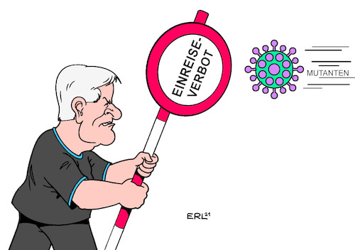 Cartoon: Kampf gegen Mutanten (medium) by Erl tagged politik,corona,virus,pandemie,covid19,ausbreitung,mutationen,mutanten,innenminister,horst,seehofer,einreiseverbot,menschen,länder,risikogebiete,karikatur,erl,politik,corona,virus,pandemie,covid19,ausbreitung,mutationen,mutanten,innenminister,horst,seehofer,einreiseverbot,menschen,länder,risikogebiete,karikatur,erl