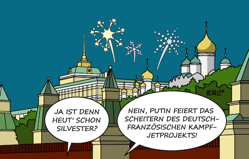 Cartoon: Kampfjetprojekt (medium) by Erl tagged politik,eu,deutschland,frankreich,projekt,rüstung,kampfjet,fcas,bedrohung,putin,russland,freude,kreml,karikatur,erl,politik,eu,deutschland,frankreich,projekt,rüstung,kampfjet,fcas,bedrohung,putin,russland,freude,kreml,karikatur,erl