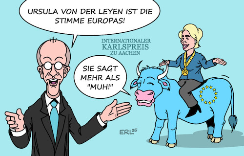 Cartoon: Karlspreis I (medium) by Erl tagged politik,aachen,karlspreis,ursula,von,der,leyen,merz,stimme,eu,europa,stier,karikatur,erl,politik,aachen,karlspreis,ursula,von,der,leyen,merz,stimme,eu,europa,stier,karikatur,erl