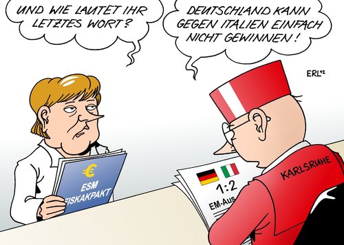 Cartoon: Karlsruhe (medium) by Erl tagged aus,italien,deutschland,haibfinale,europameisterschaft,em,fußball,karlsruhe,urteil,merkel,angela,bundeskanzlerin,disziplin,haushalt,schuldenbremse,fiskalpakt,esm,rettungsschirm,schulden,krise,euro,eu,eu,euro,krise,schulden,rettungsschirm,esm,fiskalpakt