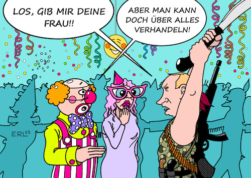 Cartoon: Karneval (medium) by Erl tagged politik,krieg,angriff,überfall,wladimir,putin,russland,ukraine,karneval,fasnacht,fasching,rambo,aggression,verhandlungen,karikatur,erl,politik,krieg,angriff,überfall,wladimir,putin,russland,ukraine,karneval,fasnacht,fasching,rambo,aggression,verhandlungen,karikatur,erl