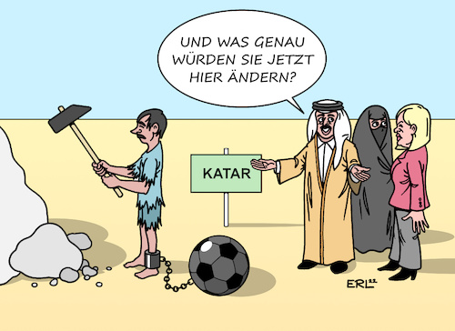 Cartoon: Katar reformbereit (medium) by Erl tagged politik,sport,fußball,wm,weltmeisterschaft,2022,katar,emirat,diktatur,menschenrechte,sklaven,arbeitssklaven,frauenrechte,minderheiten,queer,besuch,innenministerin,nancy,faeser,karikatur,erl,politik,sport,fußball,wm,weltmeisterschaft,2022,katar,emirat,diktatur,menschenrechte,sklaven,arbeitssklaven,frauenrechte,minderheiten,queer,besuch,innenministerin,nancy,faeser,karikatur,erl