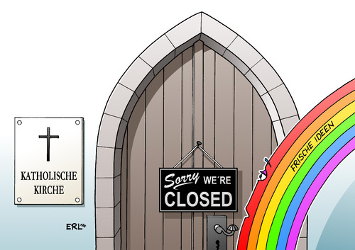 Cartoon: Katholische Kirche (medium) by Erl tagged vatikan,katholisch,kirche,diskussion,position,homosexualität,homoehe,scheidung,sakramente,ideen,frisch,öffnung,geschlossen,closed,sorry,regenbogen,kirche,katholisch