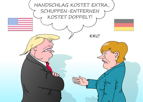 Cartoon: keine Männerfreundschaft (medium) by Erl tagged politik,usa,präsident,donald,trump,rechtspopulismus,nationalismus,handelsbarrieren,strafzölle,ausstieg,atomabkommen,iran,besuch,frankreich,emmanuel,macron,schmeicheleien,männerfreundschaft,schuppen,entfernen,kragen,angela,merkel,kühle,distanz,handschlag,gast,zweite,klasse,wirtschaft,handel,freihandel,karikatur,erl,politik,usa,präsident,donald,trump,rechtspopulismus,nationalismus,handelsbarrieren,strafzölle,ausstieg,atomabkommen,iran,besuch,frankreich,emmanuel,macron,schmeicheleien,männerfreundschaft,schuppen,entfernen,kragen,angela,merkel,kühle,distanz,handschlag,gast,zweite,klasse,wirtschaft,handel,freihandel,karikatur,erl