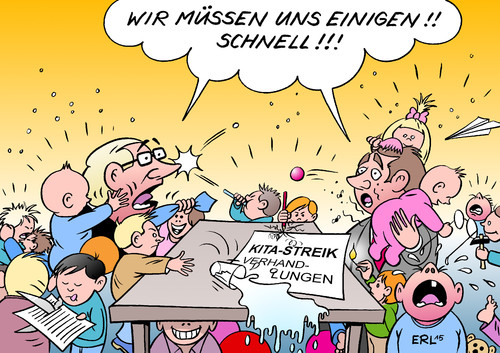 Cartoon: Kita-Streik (medium) by Erl tagged erzieherin,erzieher,kind,kindertagesstätte,kita,tarifverhandlungen,anerkennung,streik,kompromiss,abstimmung,ablehnung,belstung,eltern,betreuung,verhandlungspartner,druck,karikatur,erl,erzieherin,erzieher,kind,kindertagesstätte,kita,tarifverhandlungen,anerkennung,streik,kompromiss,abstimmung,ablehnung,belstung,eltern,betreuung,verhandlungspartner,druck