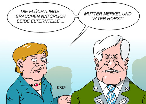 Cartoon: Kleiner Rückzieher (medium) by Erl tagged flüchtlinge,europa,eu,deutschland,offenheit,willkommen,willkommenskultur,mutter,merkel,rückzieher,abschottung,abschreckung,csu,vater,horst,seehofer,karikatur,erl,flüchtlinge,europa,eu,deutschland,offenheit,willkommen,willkommenskultur,mutter,merkel,rückzieher,abschottung,abschreckung,csu,vater,horst,seehofer,karikatur,erl