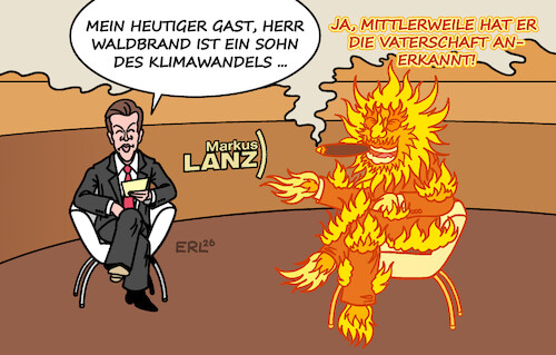 Cartoon: Klimatalk (medium) by Erl tagged politik,klima,klimawandel,erderwärmung,extremwetter,hitze,dürre,waldbrand,waldbrände,talk,markus,lanz,karikatur,erl,politik,klima,klimawandel,erderwärmung,extremwetter,hitze,dürre,waldbrand,waldbrände,talk,markus,lanz,karikatur,erl