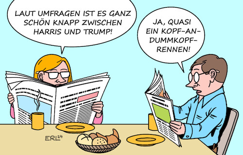 Cartoon: Knappes Rennen (medium) by Erl tagged politik,usa,wahl,harris,trump,umfragen,rennen,kopf,dummkopf,karikatur,erl,politik,usa,wahl,harris,trump,umfragen,rennen,kopf,dummkopf,karikatur,erl