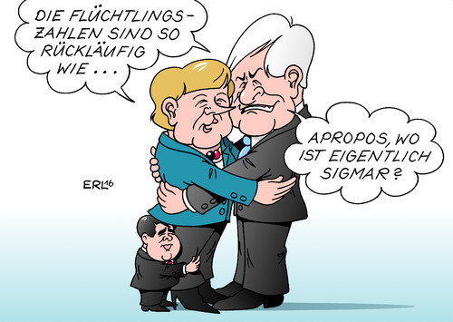 Cartoon: Koalition (medium) by Erl tagged regierung,koalition,cdu,csu,spd,merkel,gabriel,seehofer,flüchtlinge,flüchtlingszahlen,senkung,grenzkontrollen,streit,versöhnung,umfragewerte,sozialdemokraten,schrumpfen,karikatur,erl,regierung,koalition,cdu,csu,spd,merkel,gabriel,seehofer,flüchtlinge,flüchtlingszahlen,senkung,grenzkontrollen,streit,versöhnung,umfragewerte,sozialdemokraten,schrumpfen,karikatur,erl