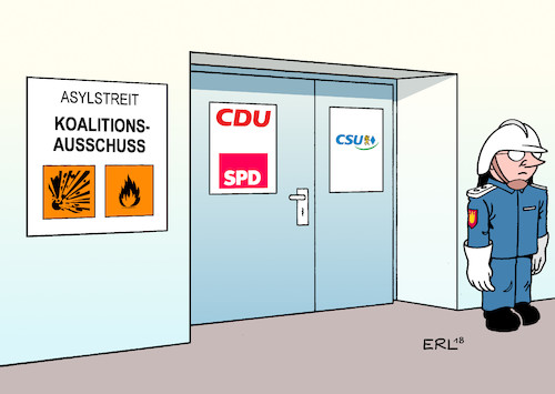 Cartoon: Koalitionsausschuss (medium) by Erl tagged politik,regierung,große,koalition,groko,cdu,csu,spd,streit,asylstreit,asylpolitik,flüchtlingspolitik,flüchtlinge,grenze,zurückweisung,asylmasterplan,innenminister,horst,seehofer,national,alleingang,bundeskanzlerin,angela,merkel,eu,lösung,ultimatum,druck,zerreissprobe,explosiv,rechtspopulismus,angst,afd,landtagswahl,bayern,karikatur,erl,politik,regierung,große,koalition,groko,cdu,csu,spd,streit,asylstreit,asylpolitik,flüchtlingspolitik,flüchtlinge,grenze,zurückweisung,asylmasterplan,innenminister,horst,seehofer,national,alleingang,bundeskanzlerin,angela,merkel,eu,lösung,ultimatum,druck,zerreissprobe,explosiv,rechtspopulismus,angst,afd,landtagswahl,bayern,karikatur,erl