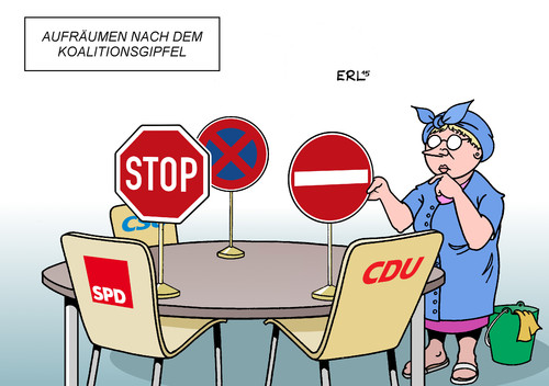 Cartoon: Koalitionsgipfel (medium) by Erl tagged koalitionsgipfel,kanzleramt,regierung,koalition,schwarz,rot,groko,cdu,csu,spd,blockade,gemeinsamkeit,aufgebraucht,aufräumen,putzfrau,schild,stoppschild,halteverbot,zufahrt,verboten,verbot,politik,karikatur,erl,koalitionsgipfel,kanzleramt,regierung,koalition,schwarz,rot,groko,cdu,csu,spd,blockade,gemeinsamkeit,aufgebraucht,aufräumen,putzfrau,schild,stoppschild,halteverbot,zufahrt,verboten,verbot,politik