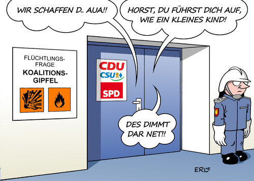 Cartoon: Koalitionsgipfel II (medium) by Erl tagged koalitionsgipfel,regierung,koalition,schwarz,rot,cdu,csu,spd,flüchtlinge,flüchtlingsfrage,streit,explosion,feuer,gefahr,obergrenze,transitzonen,grenzen,schließung,kontrolle,merkel,seehofer,gabriel,feuerwehr,feuerwehrmann,kleinkind,kind,karikatur,erl,koalitionsgipfel,regierung,koalition,schwarz,rot,cdu,csu,spd,flüchtlinge,flüchtlingsfrage,streit,explosion,feuer,gefahr,obergrenze,transitzonen,grenzen,schließung,kontrolle,merkel,seehofer,gabriel,feuerwehr,feuerwehrmann,kleinkind,kind,karikatur,erl