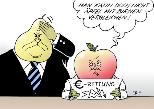 Cartoon: Kohl Merkel (medium) by Erl tagged bundeskanzlerin,angela,merkel,euro,krise,rettung,eurorettung,rettungsschirm,politik,regierung,koalition,schwarz,gelb,cdu,csu,fdp,bundeskanzler,altbundeskanzler,helmut,kohl,kritik,spitzname,birne,apfel,vergleich,äpfel,birnen,bundeskanzlerin,angela merkel,krise,rettung,eurorettung,rettungsschirm,politik,regierung,koalition,bundeskanzler,altbundeskanzler,fdp,csu,cdu,schwarz,birnen,helmut kohl,angela,merkel,helmut,kohl