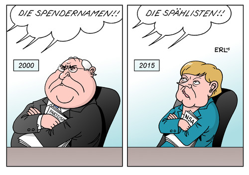 Cartoon: Kohls Mädchen (medium) by Erl tagged bundeskanzler,altbundeskanzler,bundeskanzlerin,helmut,kohl,angela,merkel,mädchen,jahr,2000,2015,spendenaffäre,cdu,parteispenden,spender,namen,spendernamen,schweigen,nsa,affäre,spionage,zusammenarbeit,bnd,geheimdienst,usa,freundschaft,treue,karikatur,erl,bundeskanzler,altbundeskanzler,bundeskanzlerin,helmut,kohl,angela,merkel,mädchen,jahr,2000,2015,spendenaffäre,cdu,parteispenden,spender,namen,spendernamen,schweigen,nsa,affäre,spionage,zusammenarbeit,bnd,geheimdienst,usa,freundschaft,treue,gehorsam,suchwörter,liste,spähliste,kanzleramt,herausgabe,einsicht,parlament,bundestag