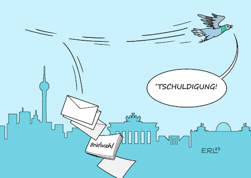 Cartoon: Kommt ein Vogel geflogen (medium) by Erl tagged politik,wiederholung,wahl,berlin,abgeordnetenhaus,panne,briefwahl,brieftaube,karikatur,erl,politik,wiederholung,wahl,berlin,abgeordnetenhaus,panne,briefwahl,brieftaube,karikatur,erl