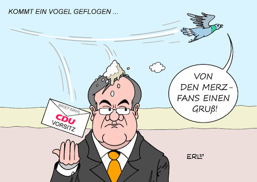 Cartoon: Kommt ein Vogel geflogen ... (medium) by Erl tagged politik,partei,cdu,parteitag,wahl,vorsitz,sieger,sieg,armin,laschet,niederlage,norbert,röttgen,friedrich,merz,schlechter,verlierer,fans,wut,ergebnis,briefwahl,brieftaube,vogel,lied,karikatur,erl,politik,partei,cdu,parteitag,wahl,vorsitz,sieger,sieg,armin,laschet,niederlage,norbert,röttgen,friedrich,merz,schlechter,verlierer,fans,wut,ergebnis,briefwahl,brieftaube,vogel,lied,karikatur,erl