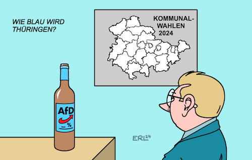 Cartoon: Kommunalwahlen Thüringen (medium) by Erl tagged politik,demokratie,wahl,kommunalwahl,kommunalwahlen,thüringen,prognose,stimmen,zuwachs,afd,rechtspopulismus,rechtsextremismus,partei,farbe,blau,alkohol,hochprozentig,prozente,promille,karikatur,erl,politik,demokratie,wahl,kommunalwahl,kommunalwahlen,thüringen,prognose,stimmen,zuwachs,afd,rechtspopulismus,rechtsextremismus,partei,farbe,blau,alkohol,hochprozentig,prozente,promille,karikatur,erl