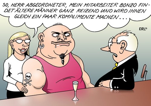 Cartoon: Komplimente (medium) by Erl tagged belästigung,sexuell,politiker,journalistin,zote,bemerkung,anzüglich,kompliment,freiwild,nötigung,mann,frau,belästigung,sexuell,politiker,journalistin,zote,bemerkung,anzüglich,kompliment,freiwild,nötigung,mann,frau