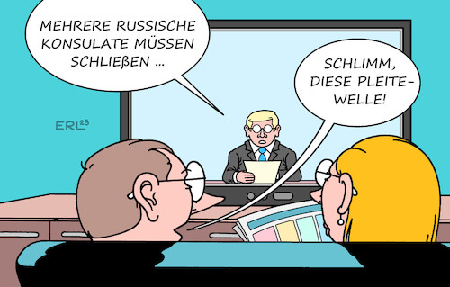 Cartoon: Konsulatschließungen (medium) by Erl tagged politik,krieg,angriff,überfall,russland,ukraine,deutschland,deutsch,russisch,verhältnis,tiefpunkt,ausweisung,diplomaten,schließung,konsulate,moral,pleite,karikatur,erl,politik,krieg,angriff,überfall,russland,ukraine,deutschland,deutsch,russisch,verhältnis,tiefpunkt,ausweisung,diplomaten,schließung,konsulate,moral,pleite,karikatur,erl