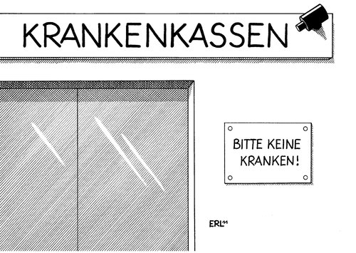 Cartoon: Krankenkassen (medium) by Erl tagged krankenkasse,city,bkk,pleite,insolvenz,mitglieder,versicherte,wechsel,krank,ablehnung,abwimmeln,gesundheit