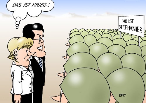 Cartoon: Krieg (medium) by Erl tagged merkel,guttenberg,besuch,afghanistan,krieg,soldat,politiker,verteidigungsminister,frau,stephanie,angela merkel,guttenberg,afghanistan,besuch,krieg,verteidigungsminister,angela,merkel