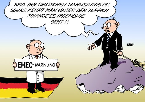 Cartoon: Kritik vom hohen Teppich herab (medium) by Erl tagged infektion,krankheit,darm,keim,bakterium,transparenz,hysterie,angst,german,chaosübertreibung,krisenmanagement,kritik,eu,deutschland,warnung,ehec,ehec,warnung,deutschland,eu,kritik,krisenmanagemant,chaos,übertreibung,german,angst,darm,krankheit,bakterium,infektion