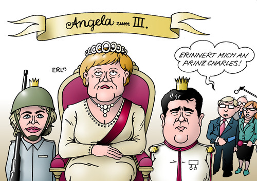 Cartoon: Krönung (medium) by Erl tagged angela,merkel,bundeskanzlerin,wiederwahl,bundestag,königin,kronprinz,kronprinzessin,sigmar,gabriel,ursula,von,der,leyen,prinz,charles,queen,elizabeth,koalition,cdu,csu,spd,große,groko,schwarz,rot,karikatur,erl,angela,merkel,bundeskanzlerin,wiederwahl,bundestag,königin,kronprinz,kronprinzessin,sigmar,gabriel,ursula,von,der,leyen,prinz,charles,queen,elizabeth,koalition,cdu,csu,spd,große,groko,schwarz,rot