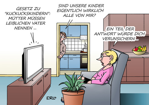 Cartoon: Kuckuckskinder (medium) by Erl tagged erl,karikatur,fernsehen,nachrichten,verunsicherung,antwort,frage,pflicht,nennung,namen,mutter,gesetz,beziehung,ehe,frau,mann,heimlich,unehelich,leiblich,vater,kind,kuckucksväter,kuckuckskinder,kuckukcskinder,kuckucksväter,kind,vater,leiblich,unehelich,heimlich,mann,frau,ehe,beziehung,gesetz,mutter,namen,nennung,pflicht,frage,antwort,verunsicherung,nachrichten,fernsehen,karikatur,erl