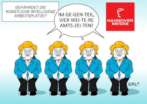 Cartoon: Künstliche Intelligenz (medium) by Erl tagged politik,wirtschaft,industrie,arbeit,arbeitsplätze,gefahr,gefährdung,künstliche,intelligenz,roboter,bundeskanzlerin,angela,merkel,amtszeit,karikatur,erl,politik,wirtschaft,industrie,arbeit,arbeitsplätze,gefahr,gefährdung,künstliche,intelligenz,roboter,bundeskanzlerin,angela,merkel,amtszeit,karikatur,erl