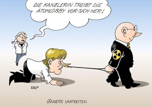 Cartoon: Längere Laufzeiten (medium) by Erl tagged merkel,angela,kanzlerin,bundeskanzlerin,atomenergie,atomktaft,atomkraftwerk,laufzeit,verlängerung,atomlobby,atomkonzerne,energiekonzerne,nasenring,leine,angela merkel,kanzlerin,bundeskanzlerin,atomenergie,atomkraft,atomkraftwerk,laufzeit,verlängerung,atomlobby,atomkonzerne,energiekonzerne,nasenring,leine,energie,umwelt,natur,akw,angela,merkel