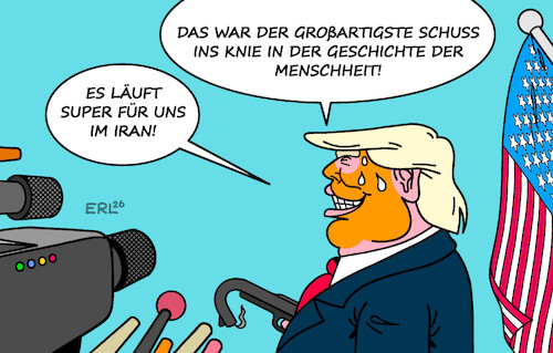 Cartoon: Läuft bei ihm (medium) by Erl tagged politik,usa,trump,angriff,krieg,iran,strategie,kriegsziel,wirr,anstig,ölpreis,schuss,knie,eigenlob,karikatur,erl,politik,usa,trump,angriff,krieg,iran,strategie,kriegsziel,wirr,anstig,ölpreis,schuss,knie,eigenlob,karikatur,erl