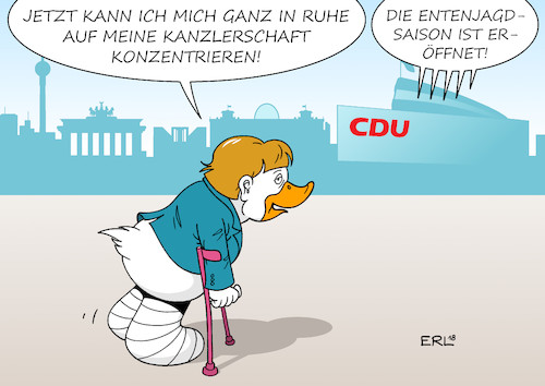 Cartoon: Lame Duck (medium) by Erl tagged politik,bundeskanzlerin,angela,merkel,landtagswahl,bayern,hessen,verluste,ursache,bundespolitik,grosse,koalition,groko,konsequenz,abgabe,cdu,vorsitz,partei,vorsitzende,macht,verfall,machtverfall,lahme,ente,lame,duck,nachfolger,kandidaten,entenjagd,jagdsaison,kramp,karrenbauer,spahn,merz,laschet,karikatur,erl,politik,bundeskanzlerin,angela,merkel,landtagswahl,bayern,hessen,verluste,ursache,bundespolitik,grosse,koalition,groko,konsequenz,abgabe,cdu,vorsitz,partei,vorsitzende,macht,verfall,machtverfall,lahme,ente,lame,duck,nachfolger,kandidaten,entenjagd,jagdsaison,kramp,karrenbauer,spahn,merz,laschet,karikatur,erl