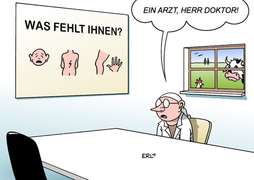 Cartoon: Landarzt (medium) by Erl tagged arzt,land,landarzt,mangel,politik,anreiz,ballungsraum,überfluss,patient,fehlen,kuh,huhn,karikatur,erl,arzt,land,landarzt,mangel,politik,anreiz,ballungsraum,überfluss,patient,fehlen,kuh,huhn