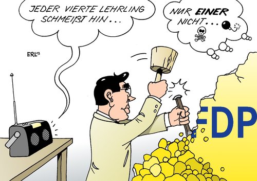 Cartoon: Lehrling (medium) by Erl tagged lehrstelle,lehrling,auszubildender,azubi,abbruch,fdp,vorsitz,philipp,rösler,zerstörung,durchhaltevermögen,lehrstelle,lehrling,auszubildender,azubi,abbruch,fdp,vorsitz,philipp,rösler,zerstörung,durchhaltevermögen