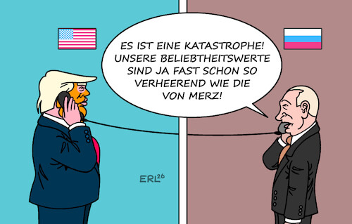 Cartoon: Leidensgenossen (medium) by Erl tagged politik,beliebtheit,beliebtheitswerte,rückgang,einbruch,usa,trump,irankrieg,russland,putin,ukrainekrieg,deutschland,merz,reformen,wirtschaft,karikatur,erl,politik,beliebtheit,beliebtheitswerte,rückgang,einbruch,usa,trump,irankrieg,russland,putin,ukrainekrieg,deutschland,merz,reformen,wirtschaft,karikatur,erl