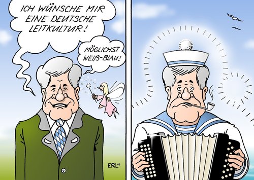 Cartoon: Leitkultur (medium) by Erl tagged seehofer,integration,debatte,islam,werte,demokratie,deutschland,kultur,leitkultur,kulturkreis,fremd,weißblau,bayern,seemann,norddeutschland,horst seehofer,integration,debatte,islam,werte,demokratie,deutschland,kultur,leitkultur,kulturkreis,fremd,weißblau,bayern,seemann,norddeutschland,horst,seehofer