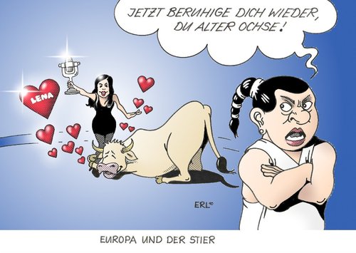 Cartoon: Lena (medium) by Erl tagged lena,meyer,landrut,eurovision,song,contest,siegerin,sieger,deutschland,europa,stier,begeisterung,zuneigung,eifersucht,lena meyer,landrut,eurovision song contest,siegerin,deutschland,europa,stier,begeisterung,zuneigung,eifersucht,lena,meyer,eurovision,song,contest