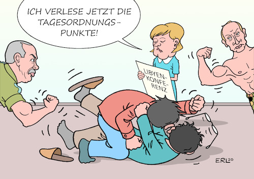 Cartoon: Libyen-Konferenz (medium) by Erl tagged politik,libyen,buergerkrieg,ministerpräsident,sarradsch,general,haftar,konferenz,libyenkonferenz,berlin,bundeskanzlerin,angela,merkel,türkei,erdogan,präsident,putin,russland,truppen,kriegsgegner,tagesordnungspunkt,karikatur,erl,politik,libyen,buergerkrieg,ministerpräsident,sarradsch,general,haftar,konferenz,libyenkonferenz,berlin,bundeskanzlerin,angela,merkel,türkei,erdogan,präsident,putin,russland,truppen,kriegsgegner,tagesordnungspunkt,karikatur,erl