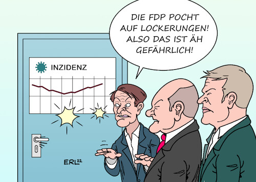 Cartoon: Lockerungen (medium) by Erl tagged politik,corona,virus,pandemie,covid19,welle,omikron,variante,inzidenz,anstieg,fdp,pochen,lockerungen,warnung,gesundheitsminister,karl,lauterbach,spd,bundeskanzler,olaf,scholz,robert,habeck,grüne,regierung,ampel,karikatur,erl,politik,corona,virus,pandemie,covid19,welle,omikron,variante,inzidenz,anstieg,fdp,pochen,lockerungen,warnung,gesundheitsminister,karl,lauterbach,spd,bundeskanzler,olaf,scholz,robert,habeck,grüne,regierung,ampel,karikatur,erl