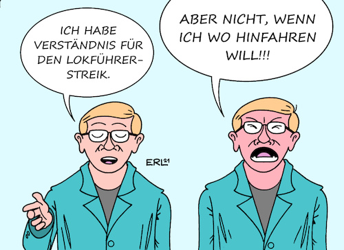 Cartoon: Lokführerstreik (medium) by Erl tagged politik,verkehr,bahn,lokführer,gewerkschaft,gdl,streik,fahrgast,dilemme,verständnis,ärger,gewerkschaftsführer,claus,weselsky,streikrecht,zug,züge,karikatur,erl,politik,verkehr,bahn,lokführer,gewerkschaft,gdl,streik,fahrgast,dilemme,verständnis,ärger,gewerkschaftsführer,claus,weselsky,streikrecht,zug,züge,karikatur,erl