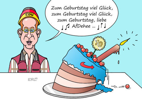 Cartoon: Maaßen gratuliert (medium) by Erl tagged politik,partei,afd,10,geburtstag,gründung,euro,kritik,wirtschaftsliberalismus,konservatismus,entwicklung,nationalkonservativ,deutschnational,rechtspopulismus,rechtsextremismus,flügel,björn,höcke,gratulation,hans,georg,maaßen,cdu,aufforderung,austritt,ausschluss,torte,kerze,hitlergruß,karikatur,erl,politik,partei,afd,10,geburtstag,gründung,euro,kritik,wirtschaftsliberalismus,konservatismus,entwicklung,nationalkonservativ,deutschnational,rechtspopulismus,rechtsextremismus,flügel,björn,höcke,gratulation,hans,georg,maaßen,cdu,aufforderung,austritt,ausschluss,torte,kerze,hitlergruß,karikatur,erl