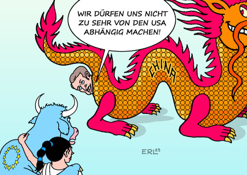 Cartoon: Macron in China (medium) by Erl tagged politik,frankreich,präsident,macron,besuch,china,anbiederung,affront,eu,usa,partner,abhängigkeit,drache,europa,stier,karikatur,erl,politik,frankreich,präsident,macron,besuch,china,anbiederung,affront,eu,usa,partner,abhängigkeit,drache,europa,stier,karikatur,erl