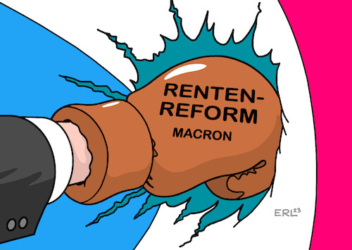Cartoon: Macron Rentenreform (medium) by Erl tagged politik,frankreich,präsident,emmanuel,macron,rentenreform,renteneintrittsalter,erhöhung,64,jahre,entscheidung,ohne,parlament,durchgeboxt,boxhandschuh,karikatur,erl,politik,frankreich,präsident,emmanuel,macron,rentenreform,renteneintrittsalter,erhöhung,64,jahre,entscheidung,ohne,parlament,durchgeboxt,boxhandschuh,karikatur,erl